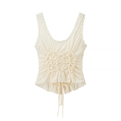DUOPERI Women Y2K Fashion Solid Pleated Lace Up Slim Fitting Camisole Straps V-Neck Female Chic Lady Casual Tank Tops