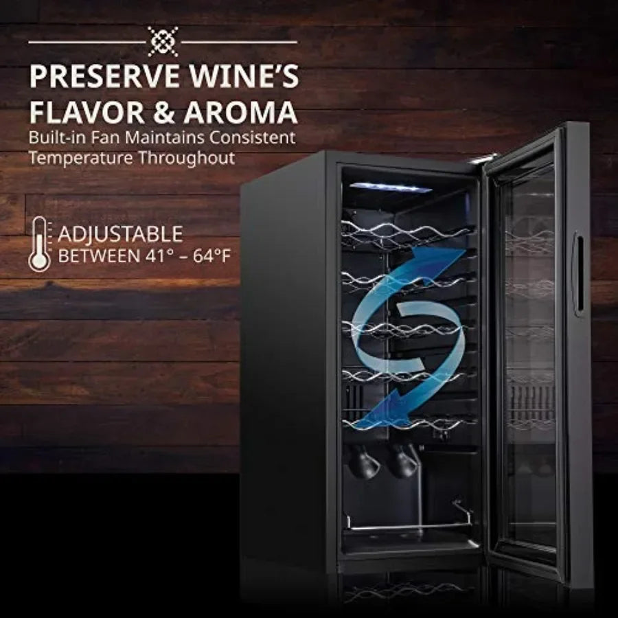 Wine cooler for home bar use, stainless steel, black, 18-bottle capacity with lock, digital temperature control 41F64F,glass do