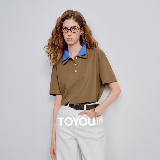 TOYOUTH Women Piqué Cotton Tees 2026 Spring New Double Collar Niche Design Loose Polo Tops