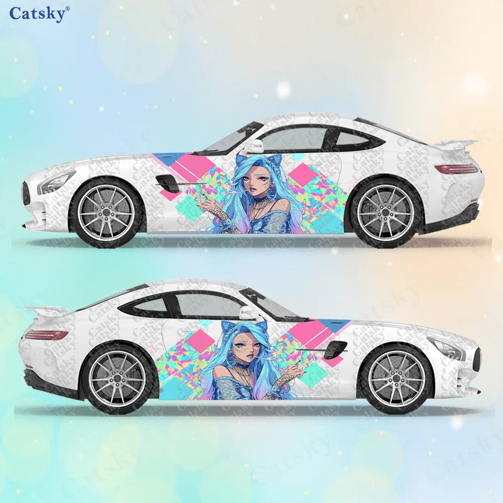2pcs Neon Color Cat Girl Stickers, Suitable for Cars and Trucks, Durable, Fade-resistant, Install and Remove Car Vinyl Wrap