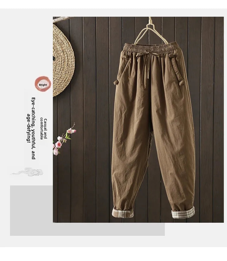 Retro  Color Cotton Filled Casual Loose Harem Pants Small Footed Trousers Winter Outerwear for Women plus Size