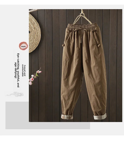 Retro  Color Cotton Filled Casual Loose Harem Pants Small Footed Trousers Winter Outerwear for Women plus Size