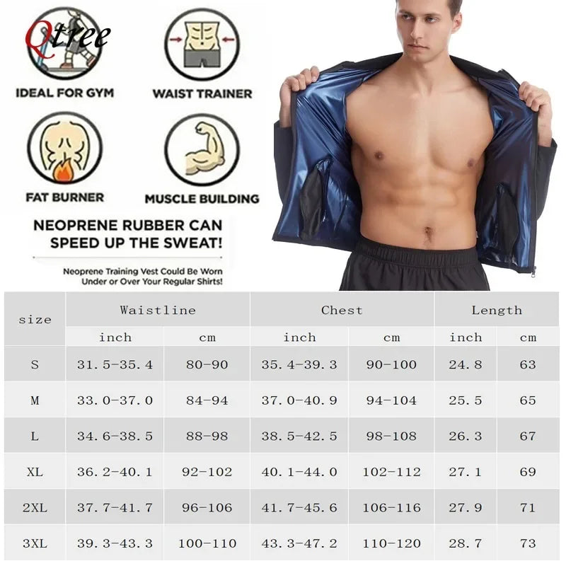 Qtree Sauan Jacket Slimming Sweat Compression Men Waist Trainer Shirts Hot Neoprene Body Shaper Long Sleeved Weight Loss Vest