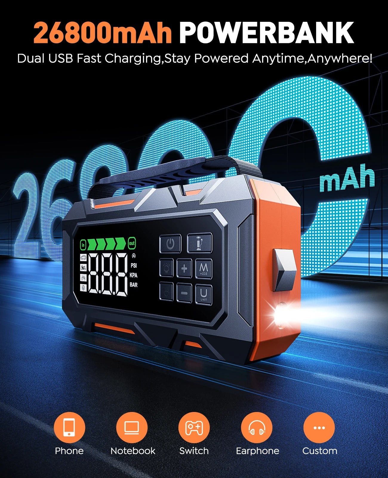 BUTURE 6-in-1 Car Jump Starter Repair Tools Air Compressor 160PSI 26800mAh Starting Device Portable Car Roadside Emergency Kit