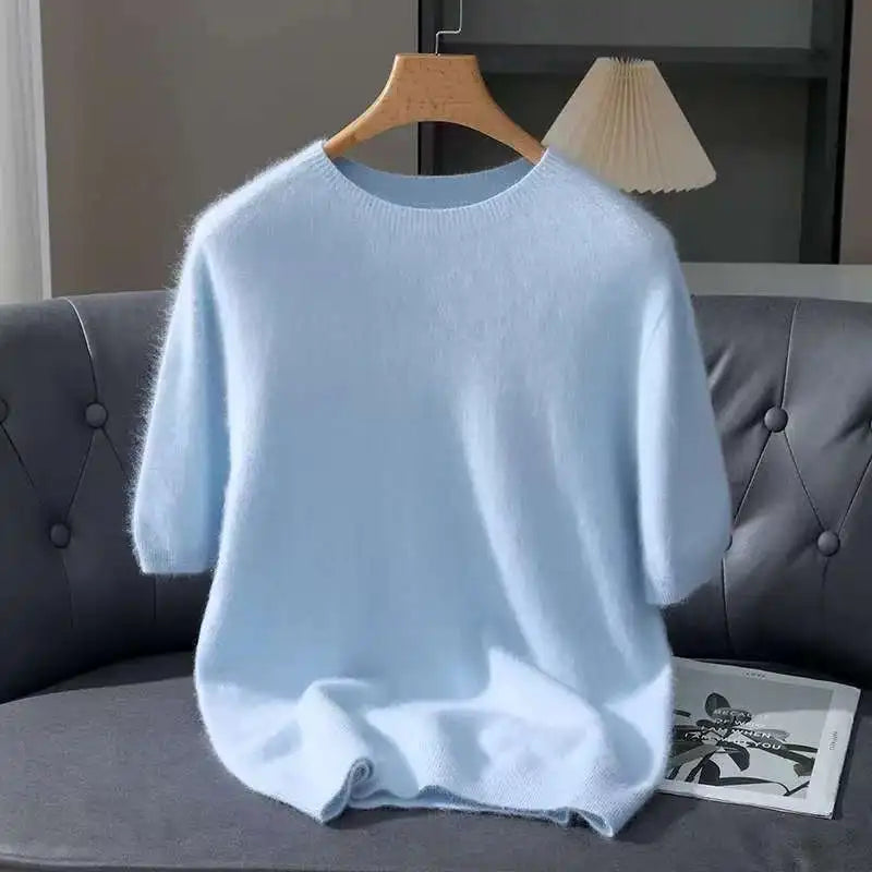 Spring Autumn 100% Mink Cashmere Short Sleeve Men's T-Shirt Loose O-Neck Solid Color Knit Sweater Casual Business Base Pullover