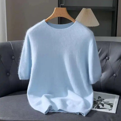 Spring Autumn 100% Mink Cashmere Short Sleeve Men's T-Shirt Loose O-Neck Solid Color Knit Sweater Casual Business Base Pullover