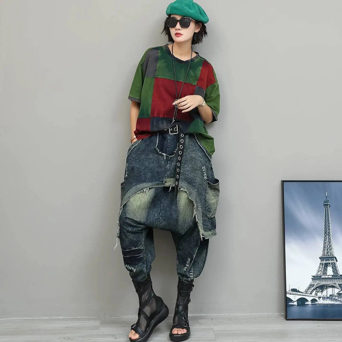 Color-blocked Suit Women Short-sleeve T-shirt + Loose Faux Two-piece Denim Drop-crotch Pants Two Piece Set Summer XY311