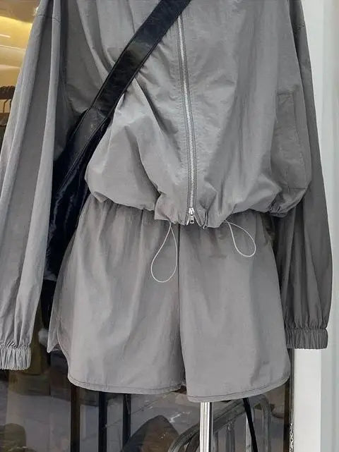 Summer Lightweight Casual Sportswear Set for Women with Stand Collar Drawstring Jacket And Wide Leg Shorts Two Piece Suit