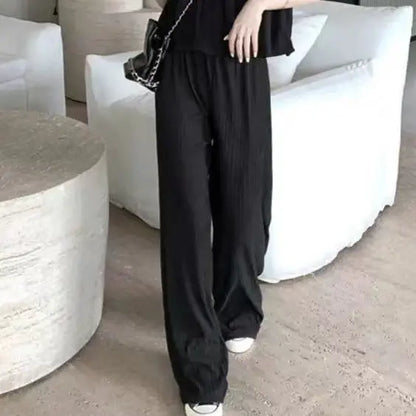 Summer 2025 New Folded Square Collar Bubble Sleeve Shirt High Waist Loose Casual Wide Leg Pants Two Piece Set Women's Fashion