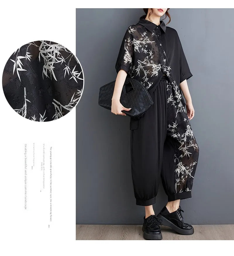 Summer New Loose Artistic Bamboo Print Cross Irregular irt Wide Leg Pants Two Piece Set Good Quali plus Size Faionable