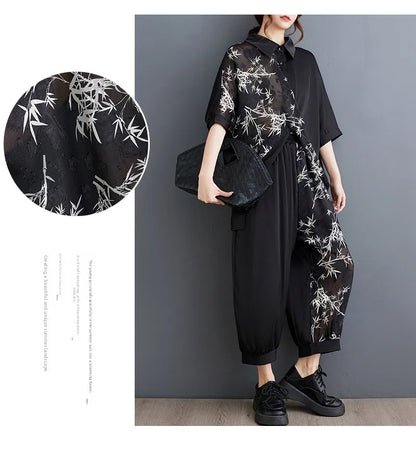 Summer New Loose Artistic Bamboo Print Cross Irregular irt Wide Leg Pants Two Piece Set Good Quali plus Size Faionable