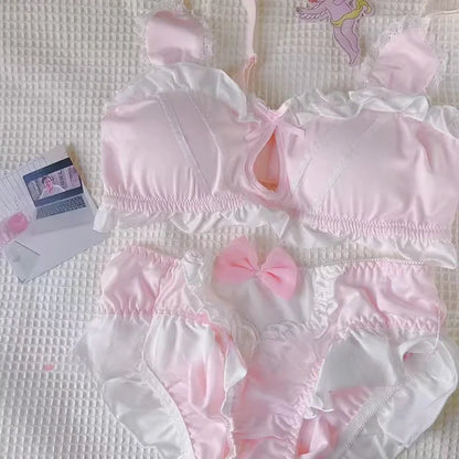 MOYISU Kawaii Lolita Bra Set, Bunny Ear Cutout No Wire Bralette Soft Sweetheart Lingerie Small Bust Pure Sexy Japanese Ya Ma Die
