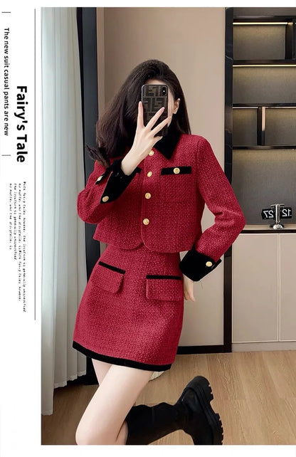 High-End  Style Women's Outerwear Set Autumn Winter New Design High Waist  Skirt Two-Piece Suit Fashionable And Warm