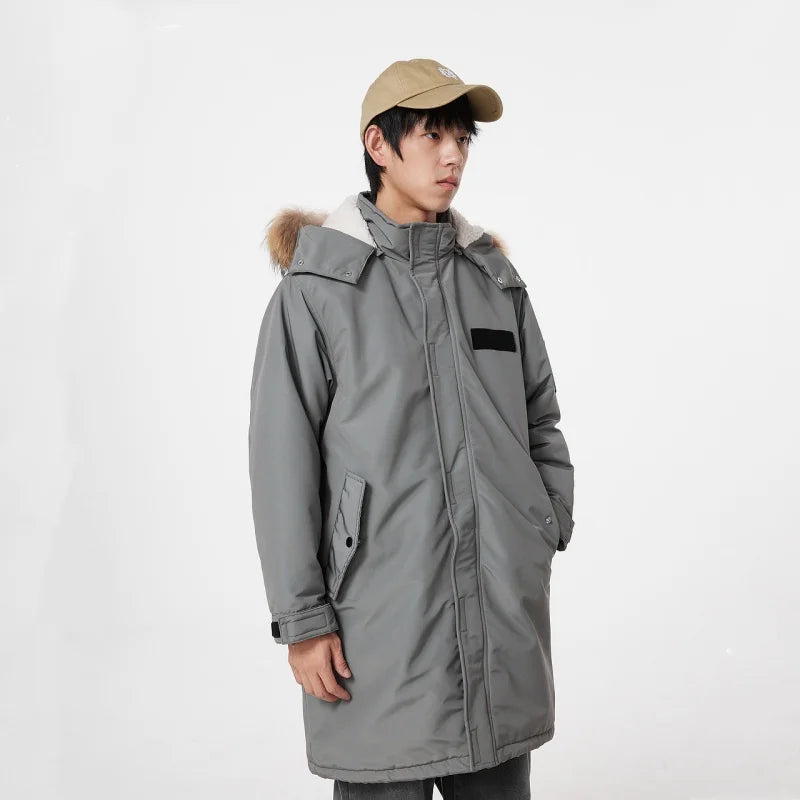 Metersbonwe Men's Loose Fit Hooded Fleece Lining Parka Coat Long Adjustable Waist Utility Pockets Hood With Detachable Fur Trim