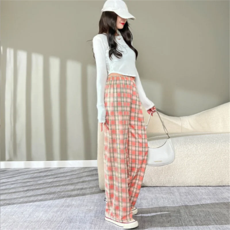 Thickened Fleece Straight Leg Pants Winter New Style Lamb Velvet Plaid Women's High Waist Warm Casual Wide Leg Pants
