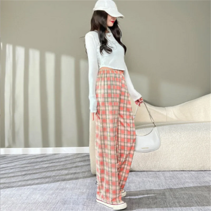 Thickened Fleece Straight Leg Pants Winter New Style Lamb Velvet Plaid Women's High Waist Warm Casual Wide Leg Pants