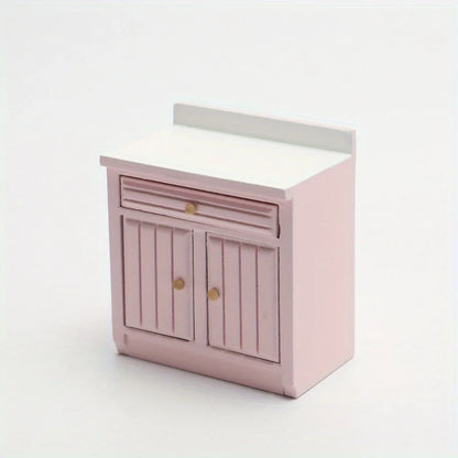 Playdoll House Miniature Furniture Kitchen Set with Wooden Pink Cabinet and Sink