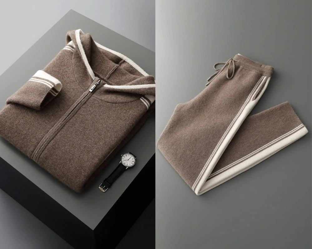 100% wool men's matching set hooded collar zipper cardigan jacket casual knitt pants pocket loose 2-piece set sports suit stripe