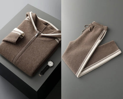 100% wool men's matching set hooded collar zipper cardigan jacket casual knitt pants pocket loose 2-piece set sports suit stripe