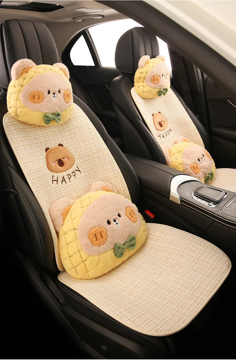 Bear Plush Seat Cushion Cover Universal Skin-Friendly Cute Soft Car Pillow Case Autumn Winter Decorative Seat Accessories