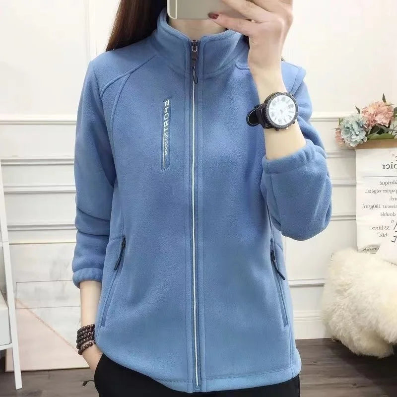 2024 Autumn Winter Thickened Fleece Ladies Outdoor Jacket Stand Collar Sweatshirt Cardigan Soft Plush Warm Upper Apparel