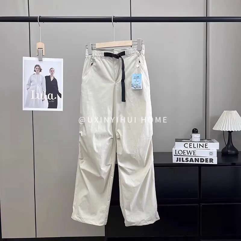 Lightweight Breathable Quick-Dry Paratrooper Pants Women's Casual Loose Fit Sunscreen Waist Cord Trousers Korean Style High W...