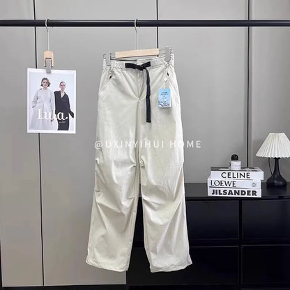 Lightweight Breathable Quick-Dry Paratrooper Pants Women's Casual Loose Fit Sunscreen Waist Cord Trousers Korean Style High W...
