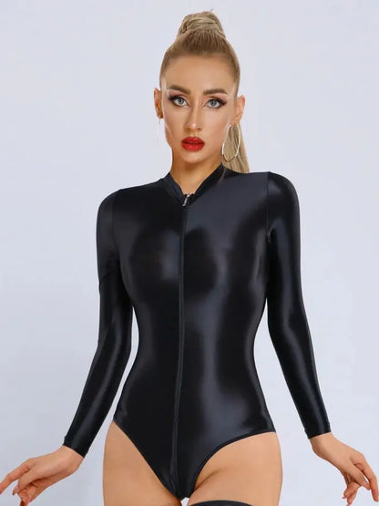 New Glossy Shiny Long Sleeve Swimsuit Zipper Crotch Bodysuit Tights Body Teddies Sukumizu High Elastic Leotard Unitard Tshirt
