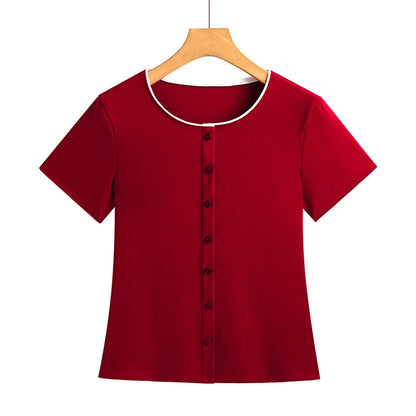 Women Fashion Contrast Edge Button Down T-Shirt Short Sleeve Round Neck Slim Fit Solid Color Casual Summer Blouse Female Tops