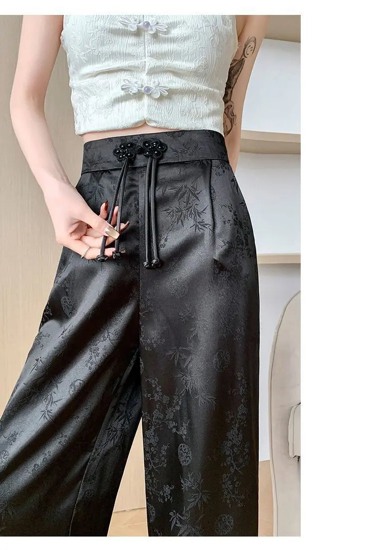 High Waist Loose Straight Pants with Button Knot Pocket New Chinese Style Satin Wide Leg Pants Spring Summer Trousers Pink Black