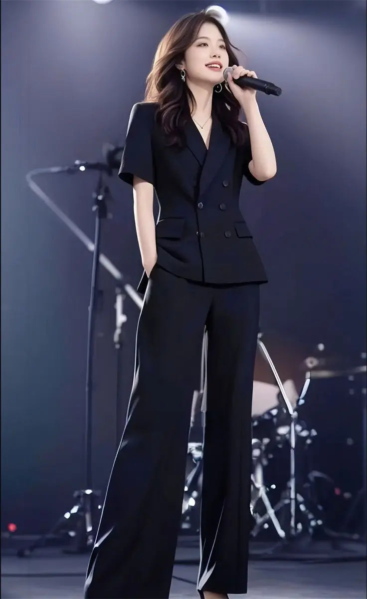 Elegant Short Sleeve Suit Set Women's Summer New Style Powerful Businesslike Top And Pants Two Pieces Set High Waist Pants