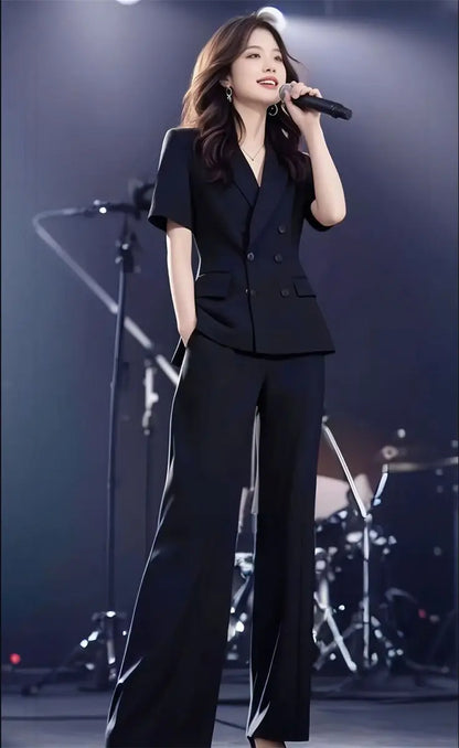 Elegant Short Sleeve Suit Set Women's Summer New Style Powerful Businesslike Top And Pants Two Pieces Set High Waist Pants