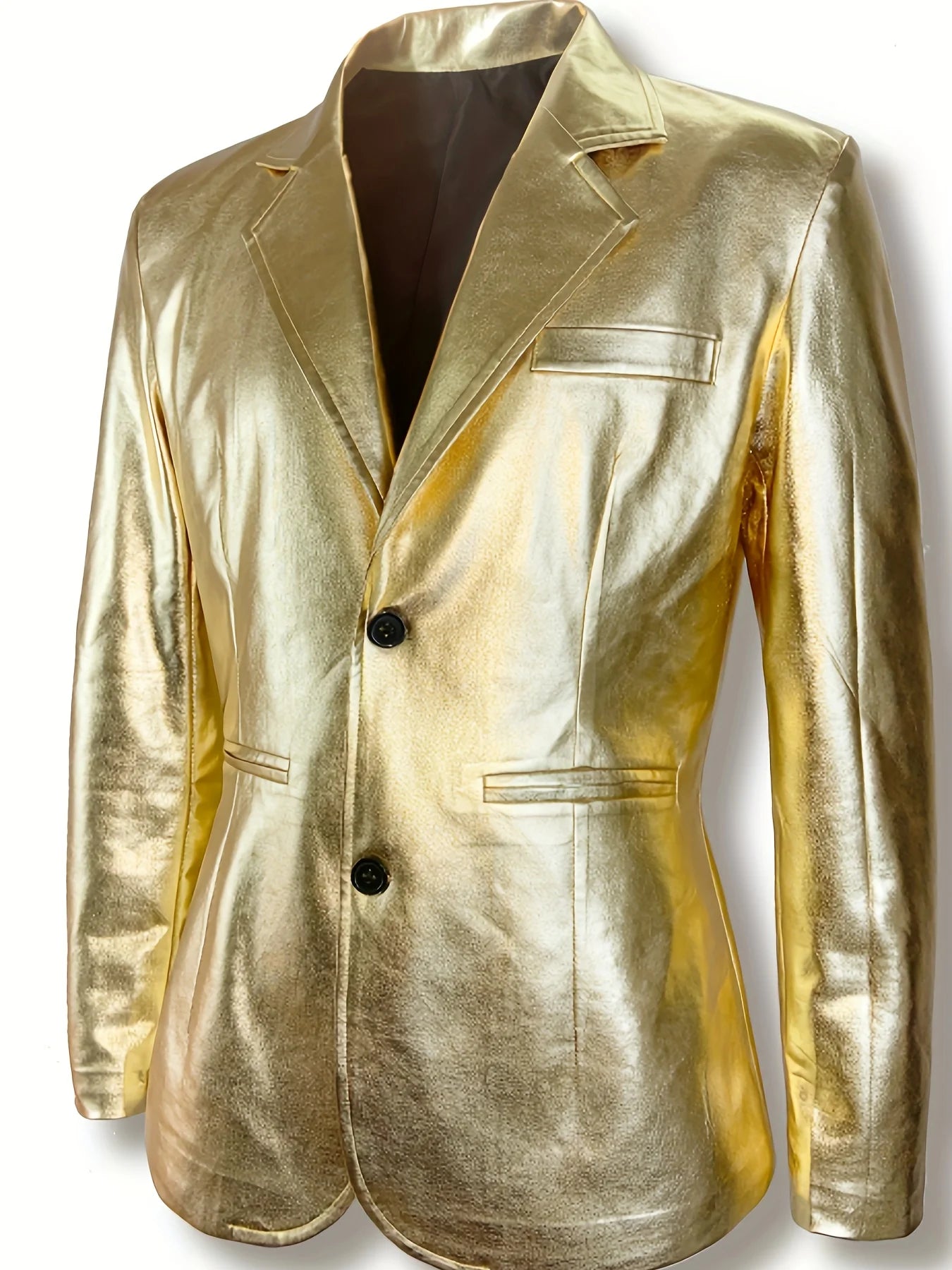 Men's Shiny Gold 2 Piece Suit, Metallic Blazer & Pants Set, Slim Fit Disco Party Stage Costume for DJ Club Prom Wedding