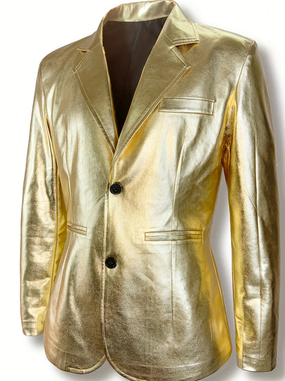 Men's Shiny Gold 2 Piece Suit, Metallic Blazer & Pants Set, Slim Fit Disco Party Stage Costume for DJ Club Prom Wedding