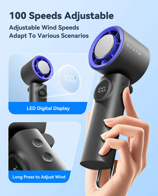 MUXNW Folding Handheld Fan Ice Cooling, Rechargeable Neck Fan Portable, 100 Speed Digital Display Personal Cooling for Outdoor