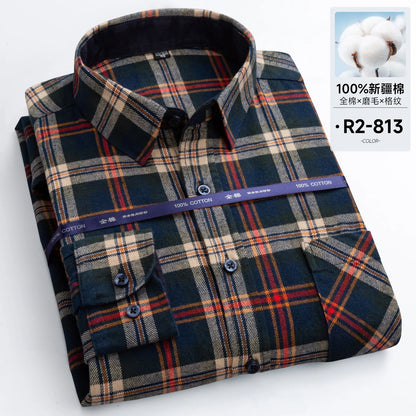 Men's long-sleeved cotton jersey checked shirt - suitable for daily work in all seasons, featuring fashionable style.