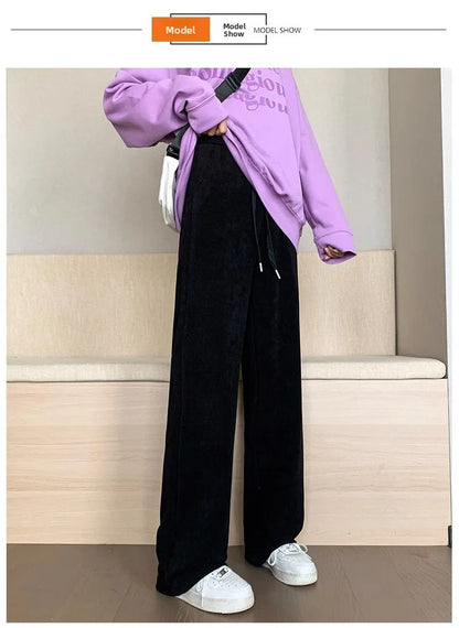 plus Size Women's Casual High Waist Thin Wide Leg Pants Spring Autumn Straight Cut Long Trousers Comfortable Slimming Effect