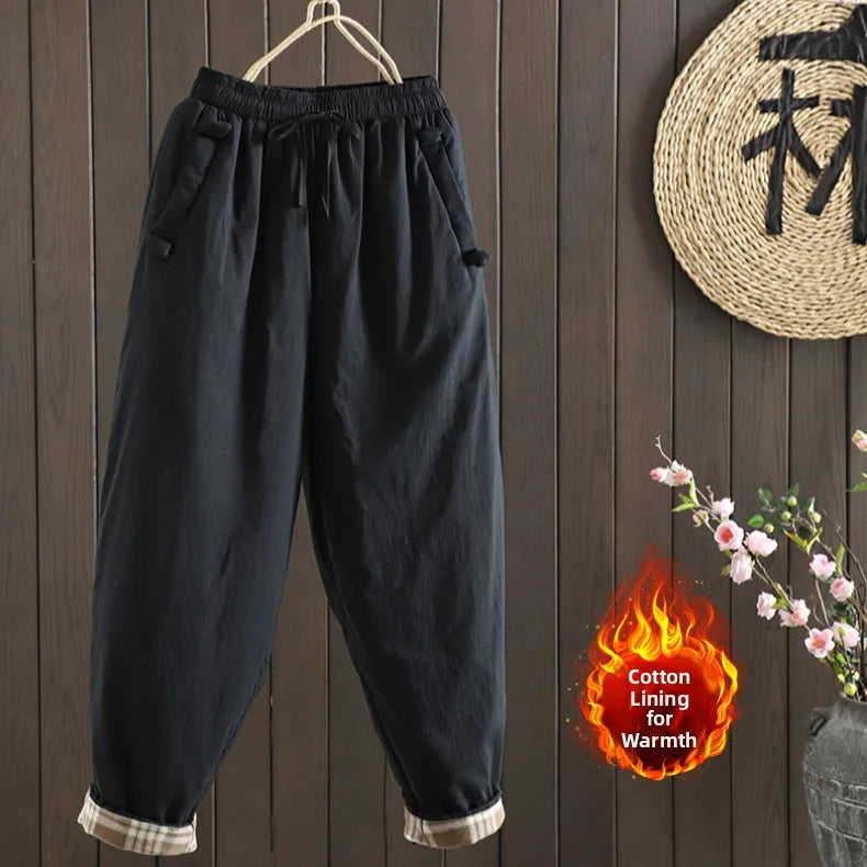 Retro  Color Cotton Filled Casual Loose Harem Pants Small Footed Trousers Winter Outerwear for Women plus Size