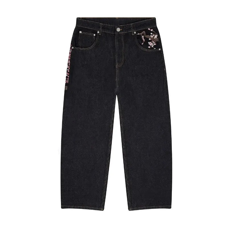 Y2K Baggy Jeans Cherry Blossom Embroidery Denim Pants Men Women American Hiphop Streetwear Wide Leg Denim Trousers