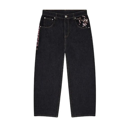 Y2K Baggy Jeans Cherry Blossom Embroidery Denim Pants Men Women American Hiphop Streetwear Wide Leg Denim Trousers