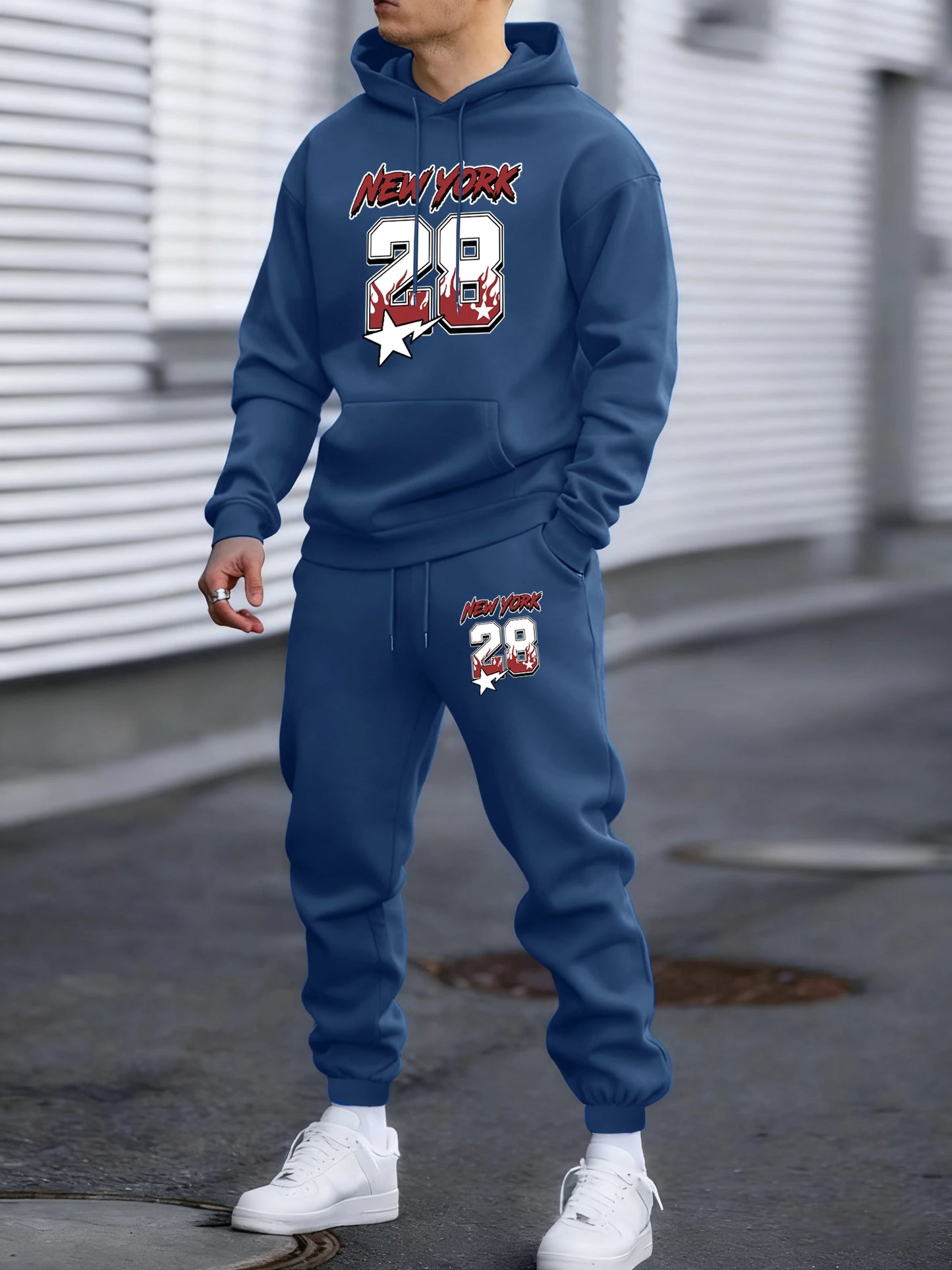 New York 28 Printed Winter Fleece Commute Men Hoodies Pants 2 Piece Set Loose Jogging Sweatpant Basic All-Match Sportswears