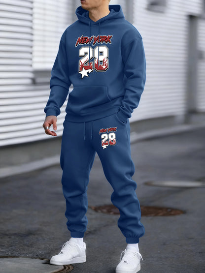 New York 28 Printed Winter Fleece Commute Men Hoodies Pants 2 Piece Set Loose Jogging Sweatpant Basic All-Match Sportswears