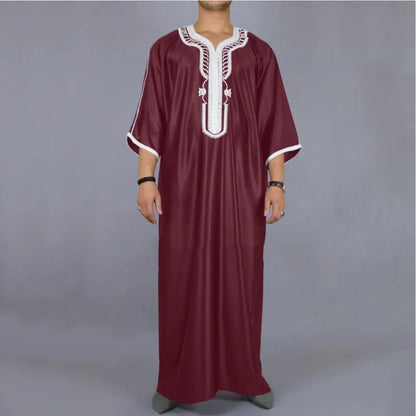 Ethnic Clothing Outfit Mens Plain Black Muslim Embroidered Robe Long Shirt Casual Youth Traditional Daily Fashion