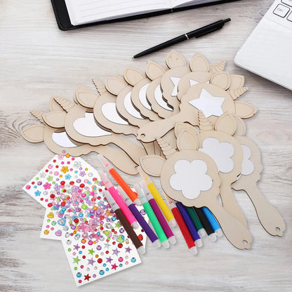 1Set Unpainted Wooden Unicorn Mirror Kit Kids Handheld Craft Set Natural Wood DIY Painting Activity Snowflake Mud Pearl Clay