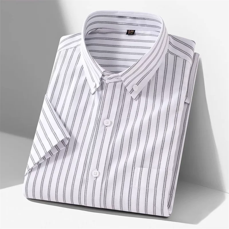 New 100% Cotton Men's Oxford Shirts Short Sleeve Summer Stripe Casual Formal Dress Social Regular Fit White Fashion Clothes 5XL