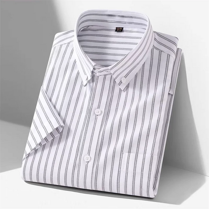New 100% Cotton Men's Oxford Shirts Short Sleeve Summer Stripe Casual Formal Dress Social Regular Fit White Fashion Clothes 5XL