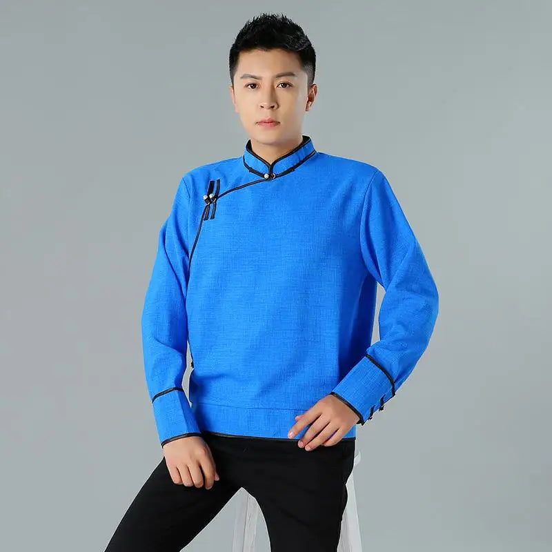 Modern Mongolian Ethnic Style Jacket Men's Stand Collar Shirt Outerwear Traditional Cultural Clothing Male Fashion
