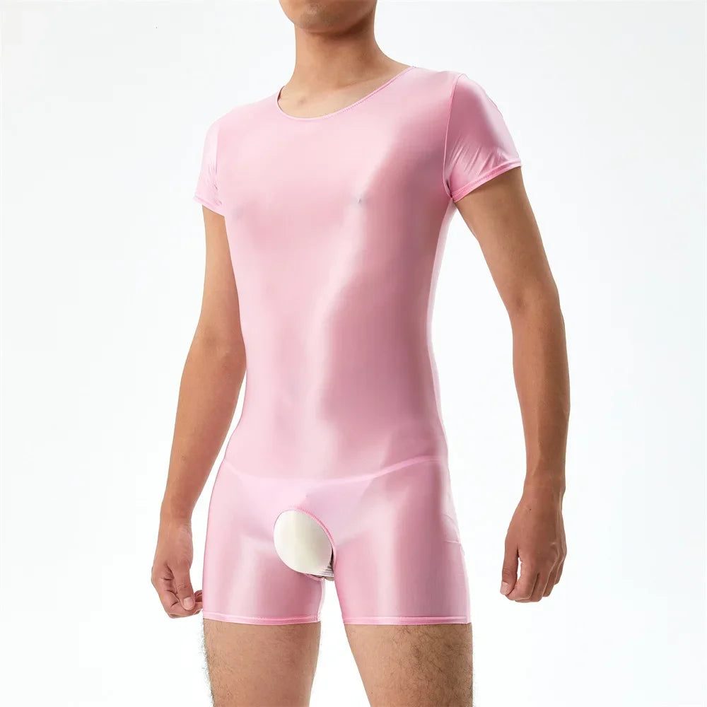 Sexy Men's Open Crotch Bodysuit Short Sleeve Oil Shiny Glossy Tights High Elastic Man Clothing Shapers Exotic Leotard