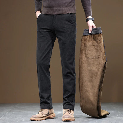 2024 New Winter Fleece Warm Corduroy Pants Men Business Fashion Slim Fit Stretch Thicken Gray Khaki Fluff Casual Trousers Male