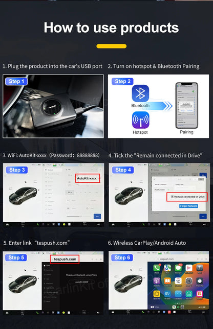 CarlinKit USB Adapter Wireless Android Auto CarPlay 2-In-1 Smart Box For Tesla Model 3 Model Y 2.4G&5Ghz WiFi BLE Auto Connect